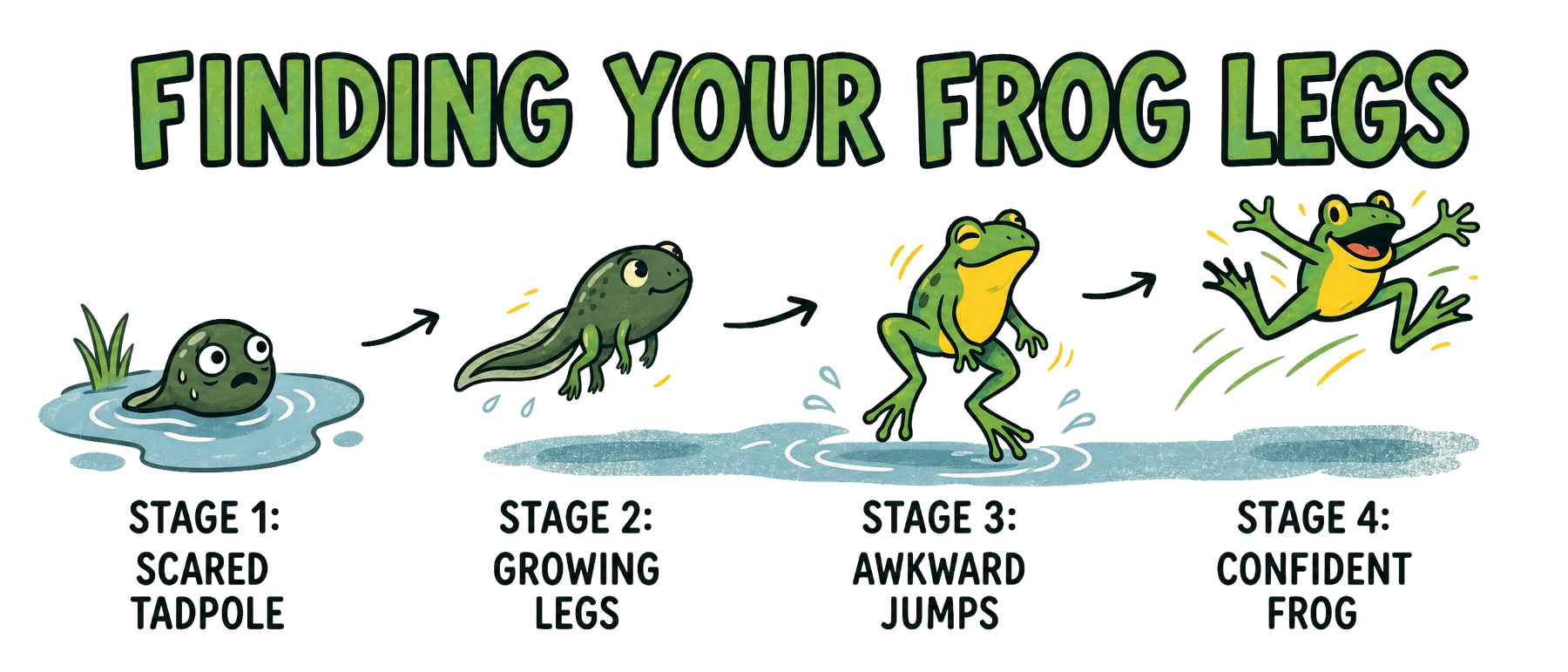 Finding Your Frog Legs: Stage 1, Scared Tadpole. Stage 2, Growing Legs. Stage 3, Awkward Jumps. Stage 4, Confident Frog.
